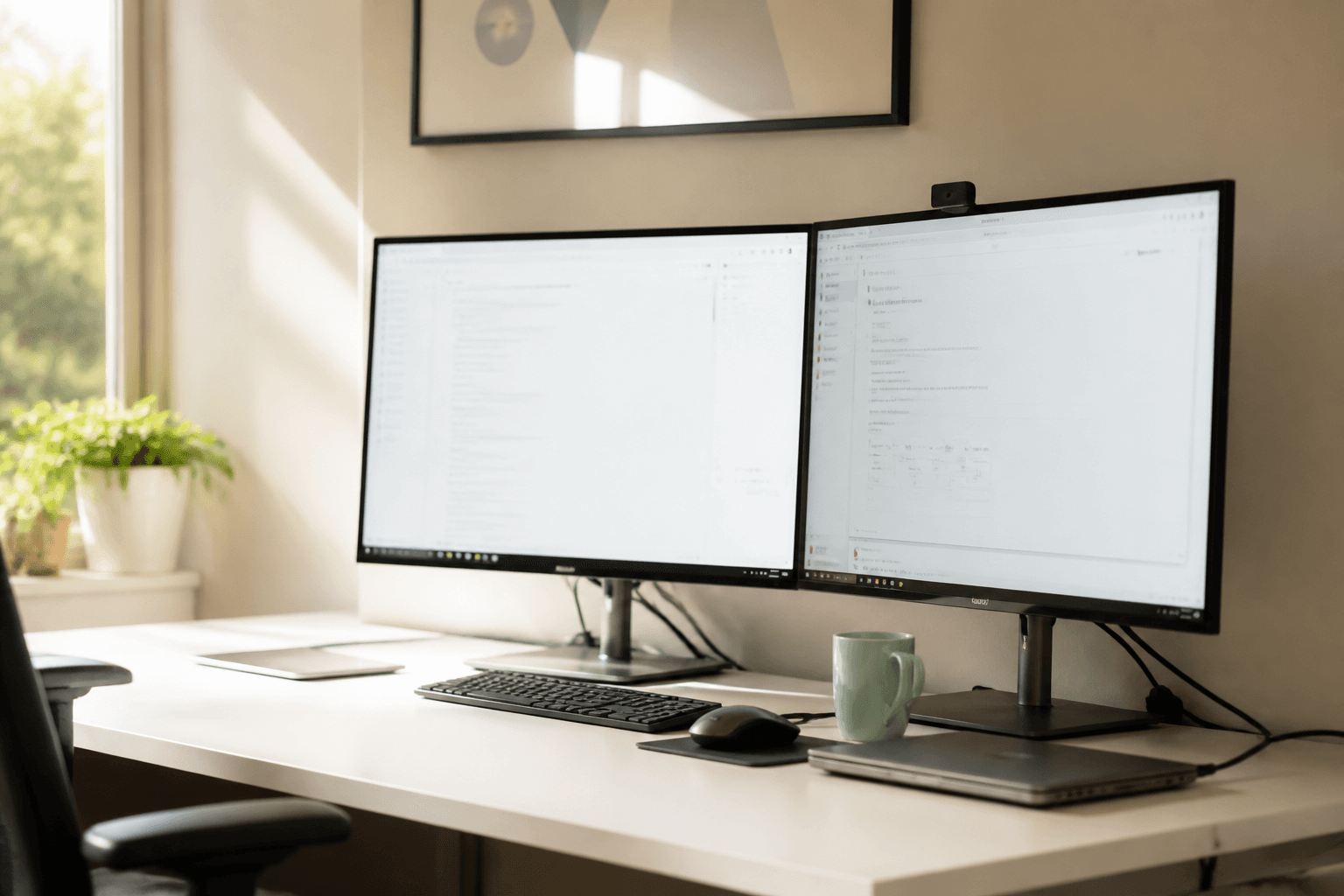 Puesto de trabajo con varios monitores en un estudio contemporáneo.